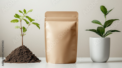 Eco-Friendly Natural Fertilizer in Kraft Resealable Pouch Mockup with Plant Leaves and Soil for Sustainable Gardening Solutions photo