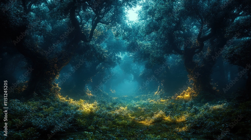 Fototapeta premium Mystical forest path, glowing, dark trees.