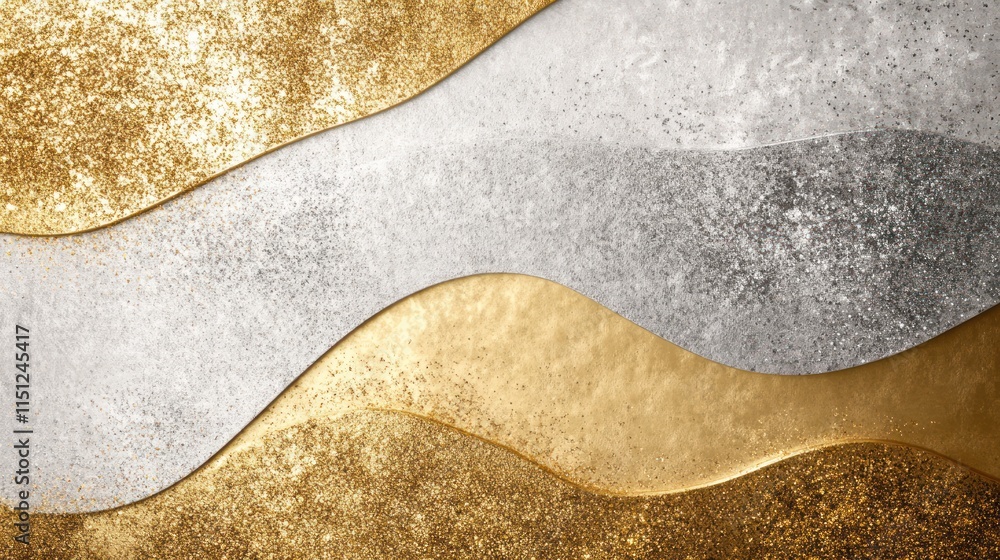 Abstract design featuring waves of gold, silver, and white textures. Abstract design featuring waves of gold, silver, and white textures.