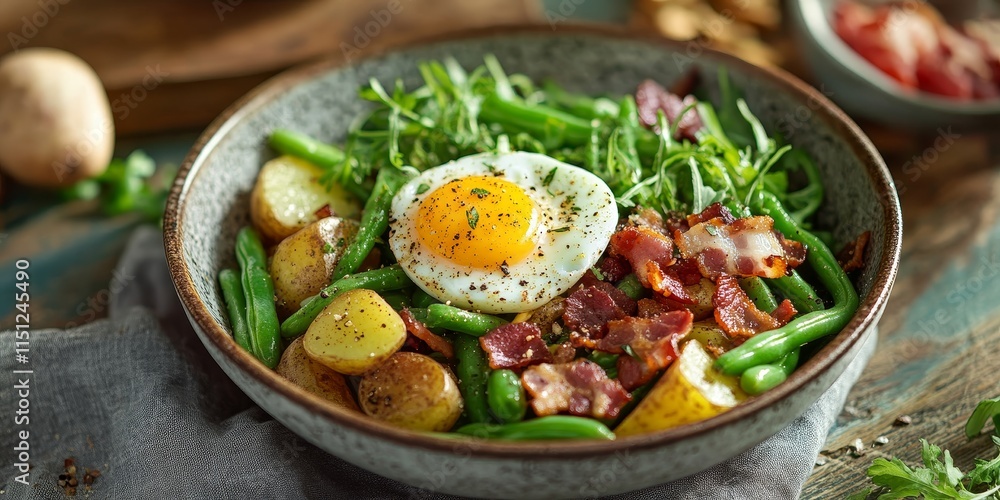 Bowl of Liege salad featuring vibrant green beans, tender potatoes, crispy bacon, and a delicious egg, beautifully arranged on the table for a delightful presentation of Liege salad. Bowl of Liege salad featuring vibrant green beans, tender potatoes, crispy bacon, and a delicious egg, beautifully arranged on the table for a delightful presentation of Liege salad.