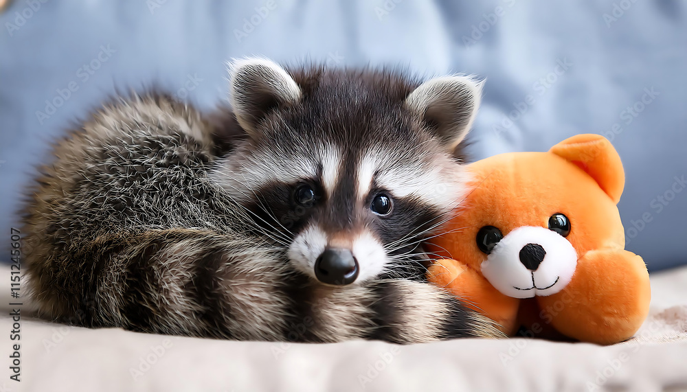 Baby Raccoon Snuggling a Plush Toy – Adorable and Heartwarming Baby Raccoon Snuggling a Plush Toy – Adorable and Heartwarming