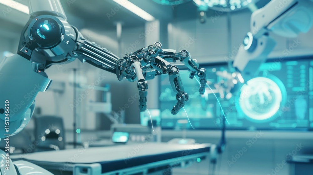 Robotic hand in a futuristic medical environment, highlighting advanced technology in healthcare. Robotic hand in a futuristic medical environment, highlighting advanced technology in healthcare.