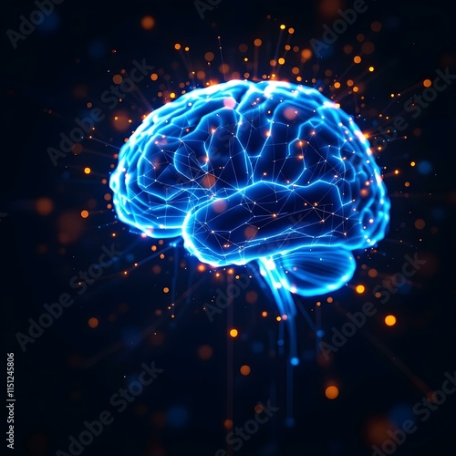 Glowing blue holographic human brain, neural network visualization