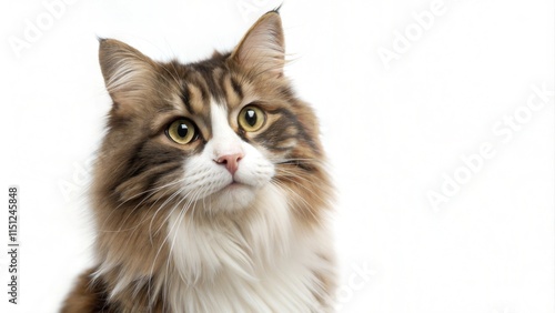 portrait Norwegian Forest cat long hair big eyes white background copy blank space paste
