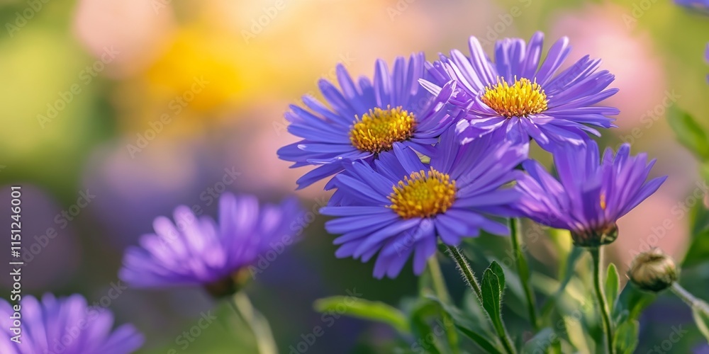 Soft purple blooming Aster alpinus features blue flowers with a vibrant yellow fluffy center, creating a stunning display on a sunny summer day, perfect for flower themed desktop wallpaper.