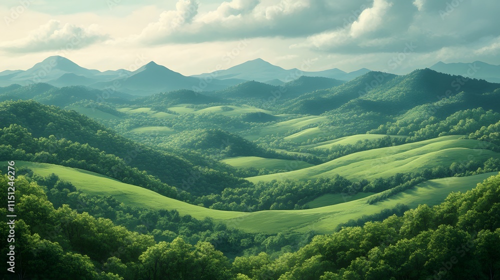 Fototapeta premium Lush green rolling hills under a dramatic sky.