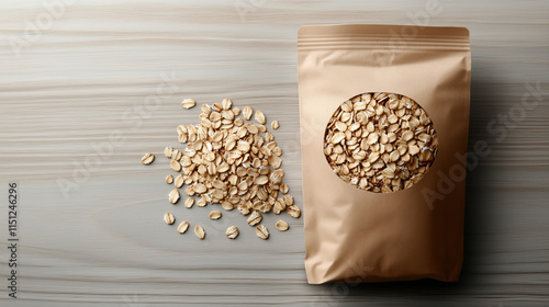 Kraft Resealable Pouch Mockup for Gluten-Free Oats with Spilled Raw Oat Grains on Rustic Wood Background photo