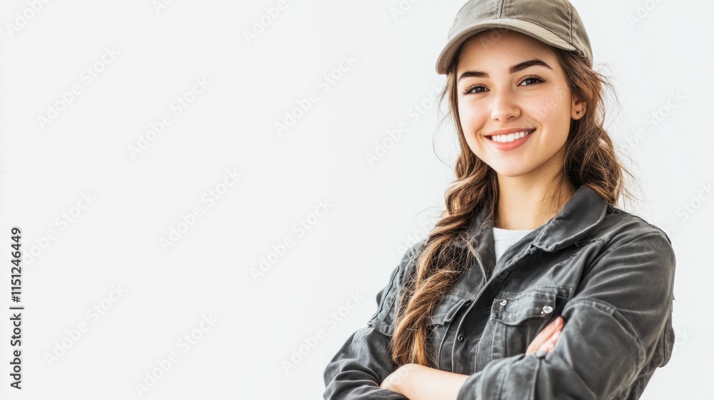 Smiling young woman with arms crossed, wearing a cap and jacket against a white background. Smiling young woman with arms crossed, wearing a cap and jacket against a white background.