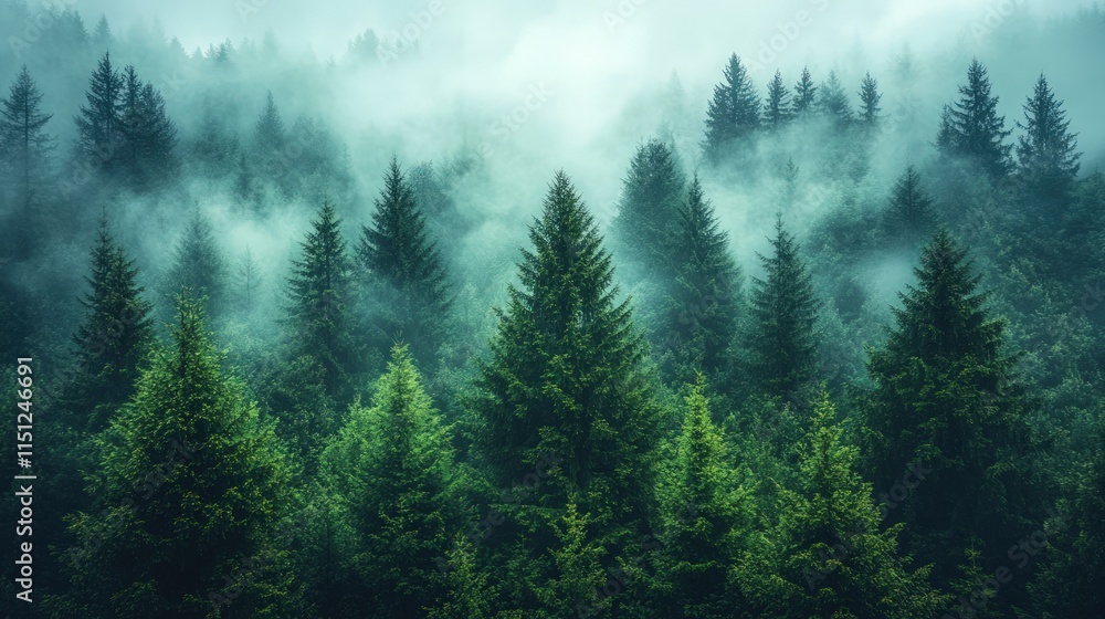 Fototapeta premium Misty evergreen forest, towering trees.