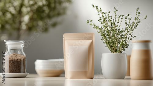 Kraft resealable pouch mockup for luxury adaptogen smoothie powder with elegant herb sprigs and muted earthy tones in a clean design. photo