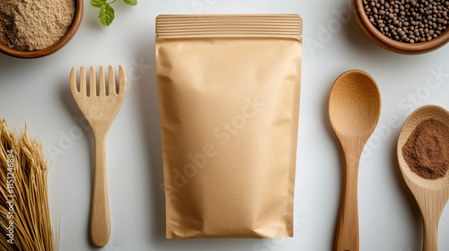 Kraft resealable pouch mockup for zero-waste dishwashing soap powder, featuring wooden utensils and natural textures with minimalist white and beige tones photo