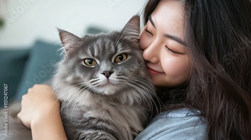 Young Woman Embracing Adorable Grey Cat in Cozy Indoor Setting