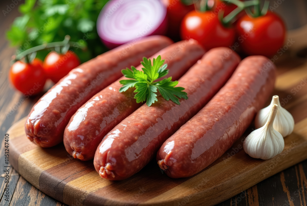 A collection of sausages garnished with fresh herbs A collection of sausages garnished with fresh herbs