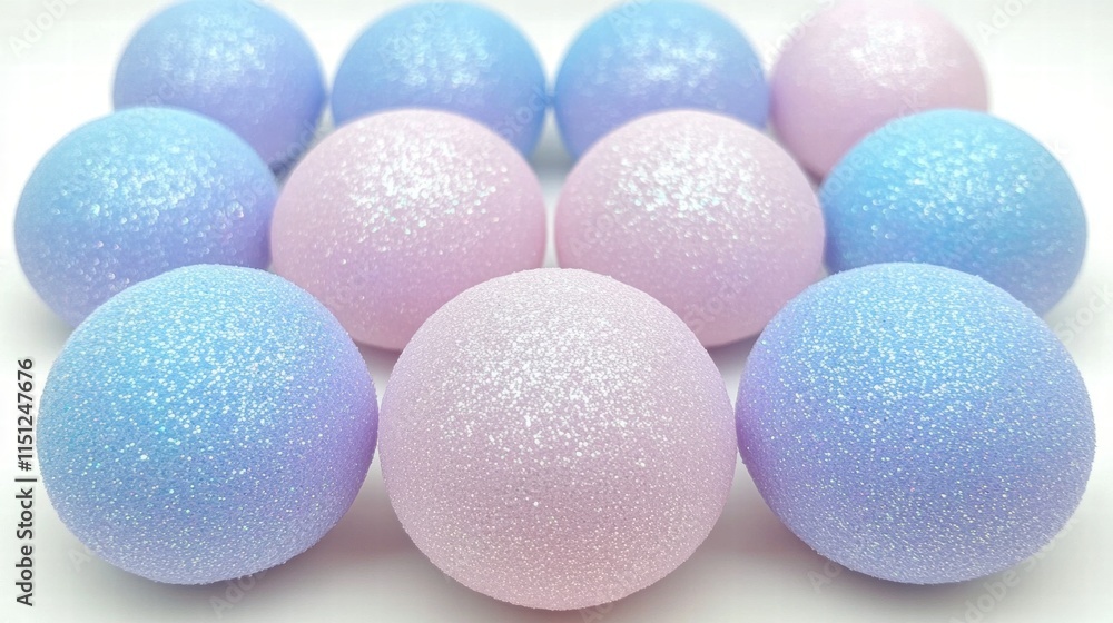 Colorful Glittery Foam Balls in Pink and Blue Shades Arranged Harmoniously, Perfect for Arts and Crafts, Decoration, or Playtime Activities
