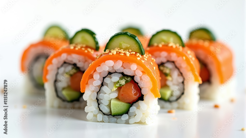 Fototapeta premium A set of sushi rolls with cucumber and salmon on top, served on a white plate.