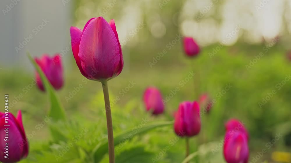 A large, beautiful pink tulip, close-up, against a background of green foliage and other blurred tulips. A large, beautiful pink tulip, close-up, against a background of green foliage and other blurred tulips.