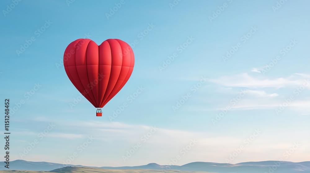 Obraz premium A vibrant red heart-shaped hot air balloon floats serenely against a clear blue sky, symbolizing love and adventure.