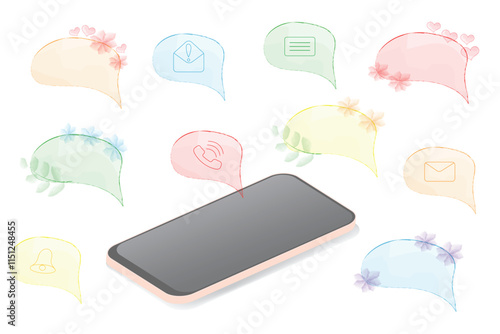 Set of speech bubble notifications for phone and computer. Pop-up notifications. Cute, cartoon style with watercolor, hearts and twigs. Vector illustration.