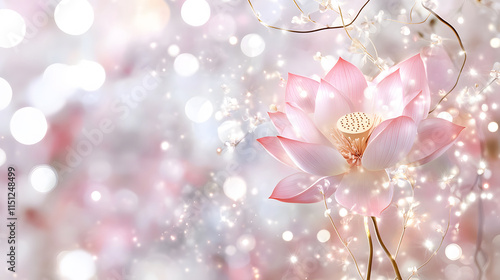 glowing lotus flower surrounded by soft bokeh lights creates romantic atmosphere