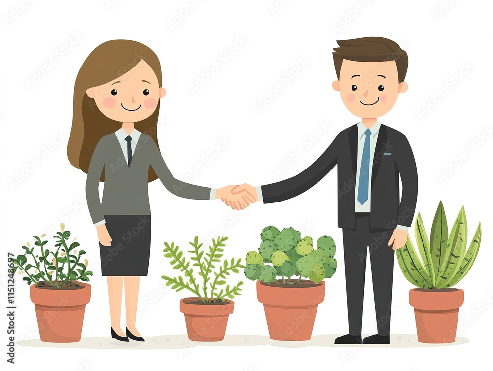 Flat cartoon of a businessman and woman shaking hands, white background. Flat cartoon of a businessman and woman shaking hands, white background.