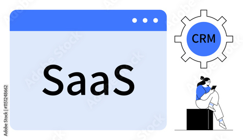 SaaS in a browser window, CRM gear symbol, person with mobile device. Ideal for software, business, technology, cloud computing, customer management digital marketing IT services. Line metaphor