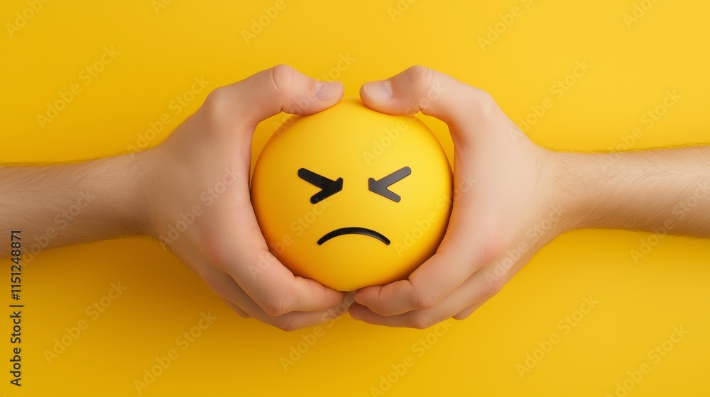 Two hands squeezing a yellow stress ball with a frowning face on a bright yellow background. Two hands squeezing a yellow stress ball with a frowning face on a bright yellow background.