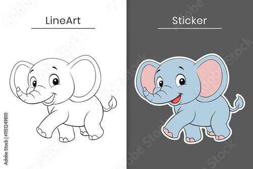 Cute cartoon baby elephant vector outline and sticker. Cute baby elephant line art flat illustration