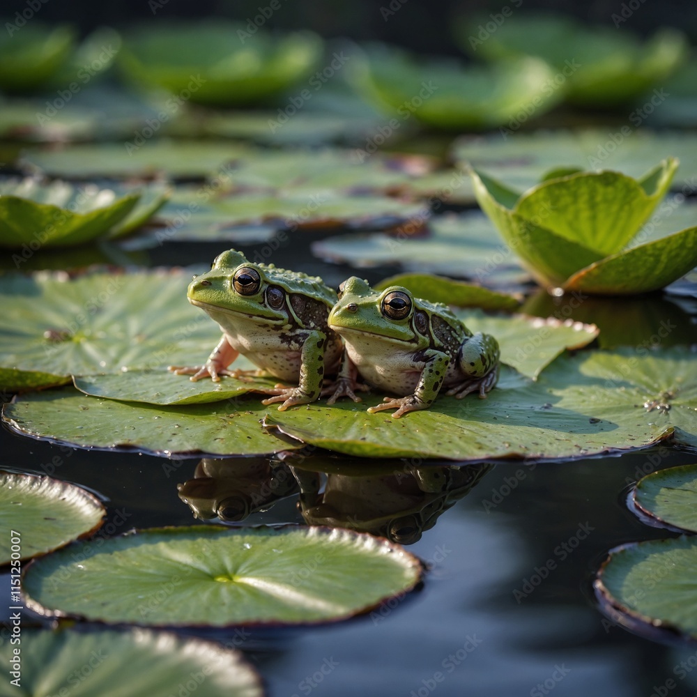 Baby frogs sitting on water lilies during summer.
Baby frogs sitting on water lilies during summer.