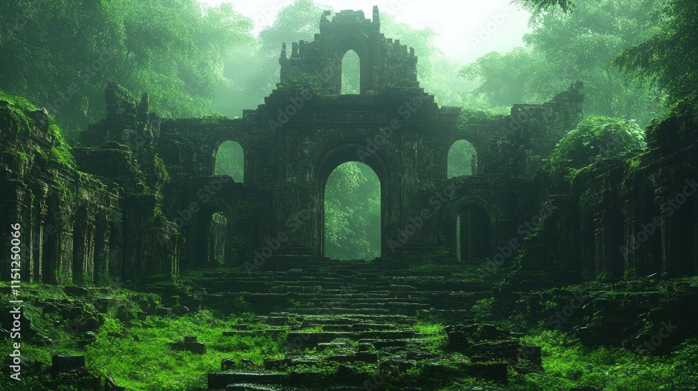 Obraz premium Overgrown stone ruins, jungle gateway, mystical.