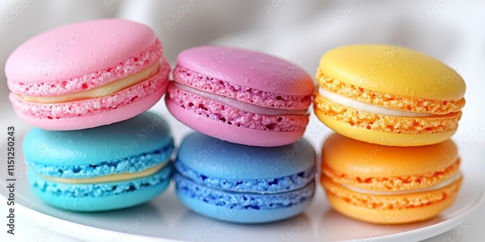 Obraz premium Colorful macarons are a sweet and tasty dessert that delights the senses. These colorful macarons are perfect for any occasion, making them an irresistible treat for dessert lovers.
