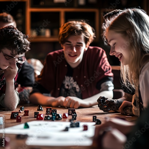 a group of teenagers playing Dungeons & Dragons around a table filled with dice and figurines