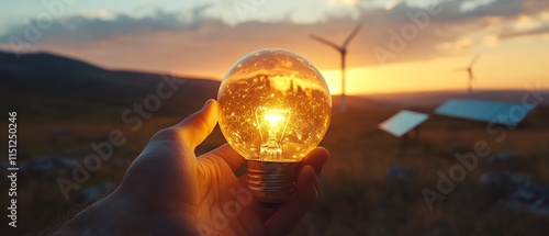 Closeup of a hand grasping a light bulb with a wind farm and solar power panels in the scenic landscape, showcasing ecofriendly energy solutions, renewable energy revolution photo