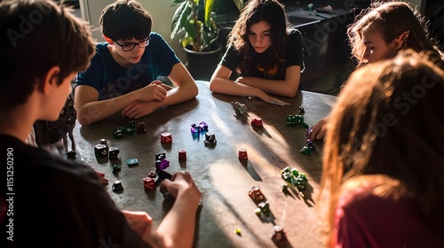 a group of teenagers playing Dungeons & Dragons around a table filled with dice and figurines