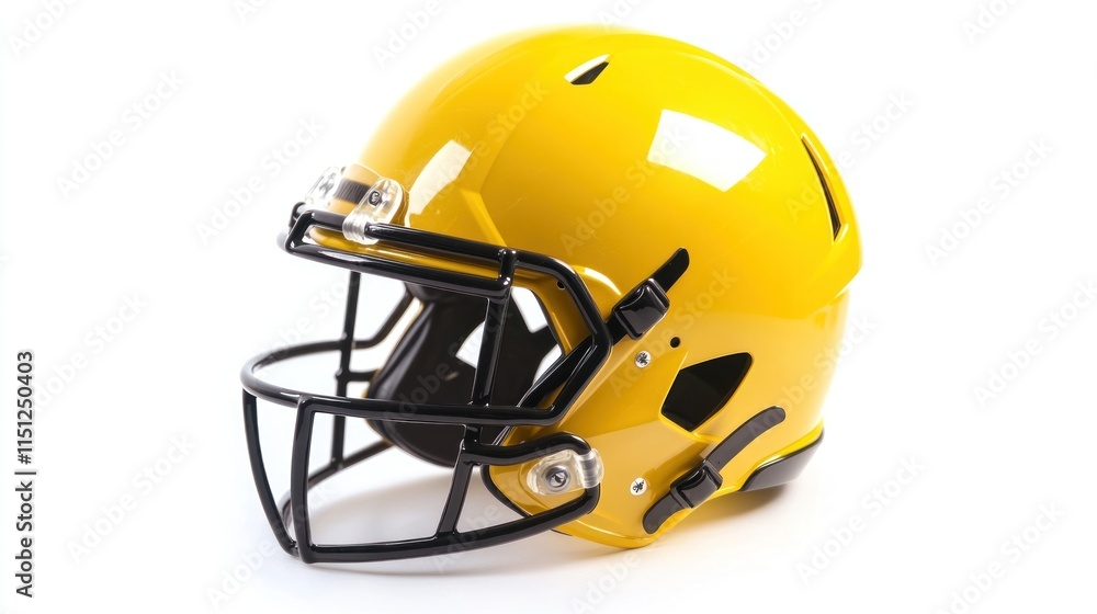 Fototapeta premium Yellow American football helmet with black facemask, isolated on white background.