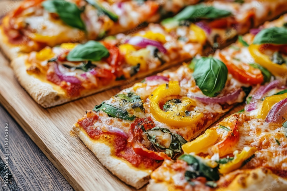 Colorful Vegetable Pizza Slices on a Wooden Board