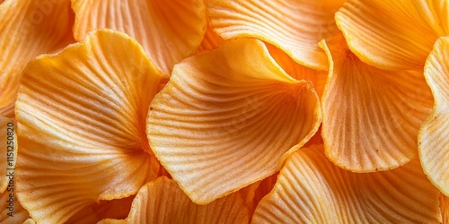 Fluted potato chips are showcased in close up against a vibrant background, highlighting the texture and shape of the fluted potato chips for an appealing visual experience.