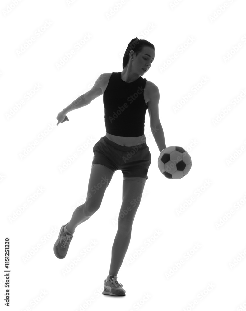 Silhouette of young sporty woman with soccer ball on white background Silhouette of young sporty woman with soccer ball on white background