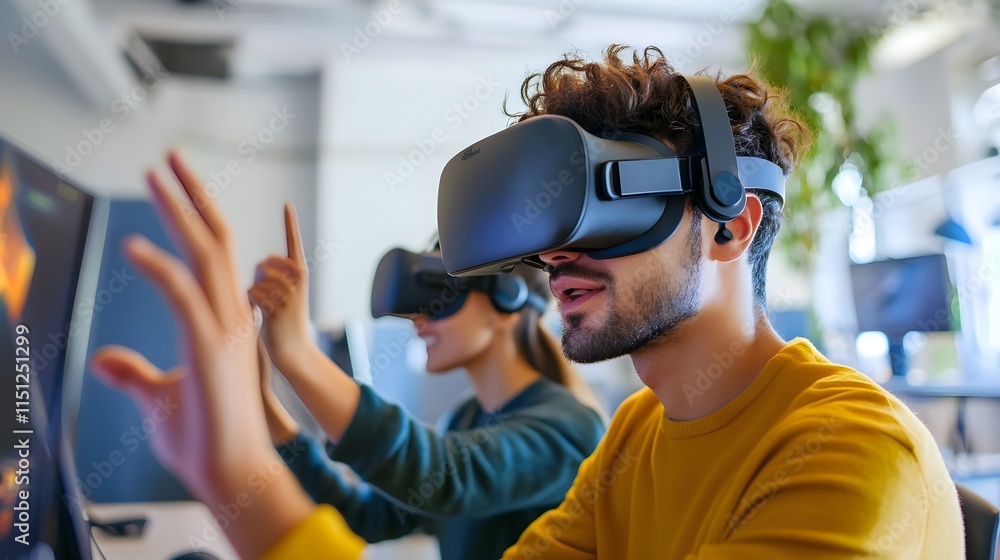 a group testing virtual reality gaming experiences in a sleek setup. a group testing virtual reality gaming experiences in a sleek setup.