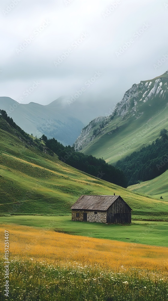 Charming rustic cabin nestled in a lush green valley under moody skies. Charming rustic cabin nestled in a lush green valley under moody skies.