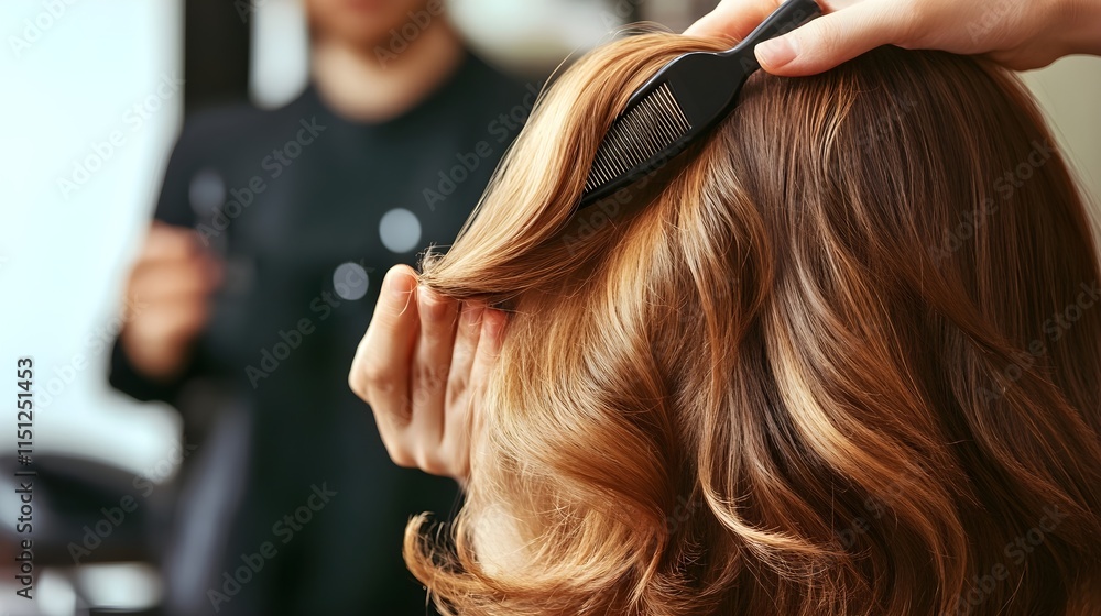 Fototapeta premium A photo of a hairdresser styling a client’s hair in a trendy salon.