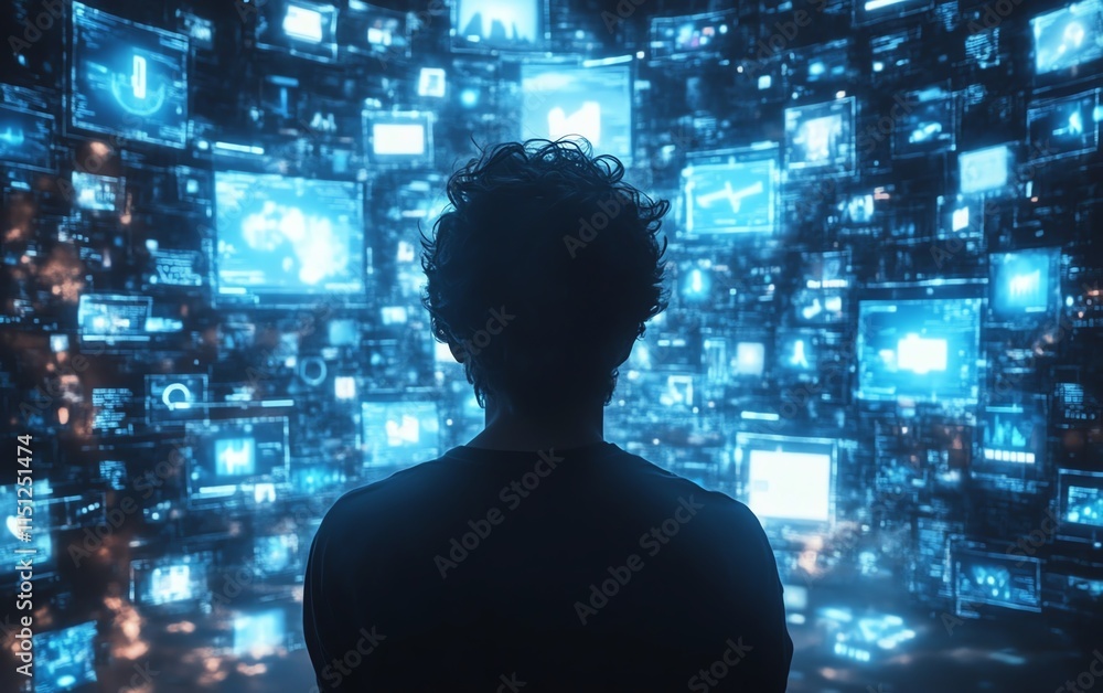 Man s back in 3D cyberspace, engaged with animated interfaces of social networks, games, videos, and internet content, representing the flow of entertainment and digital media Man s back in 3D cyberspace, engaged with animated interfaces of social networks, games, videos, and internet content, representing the flow of entertainment and digital media