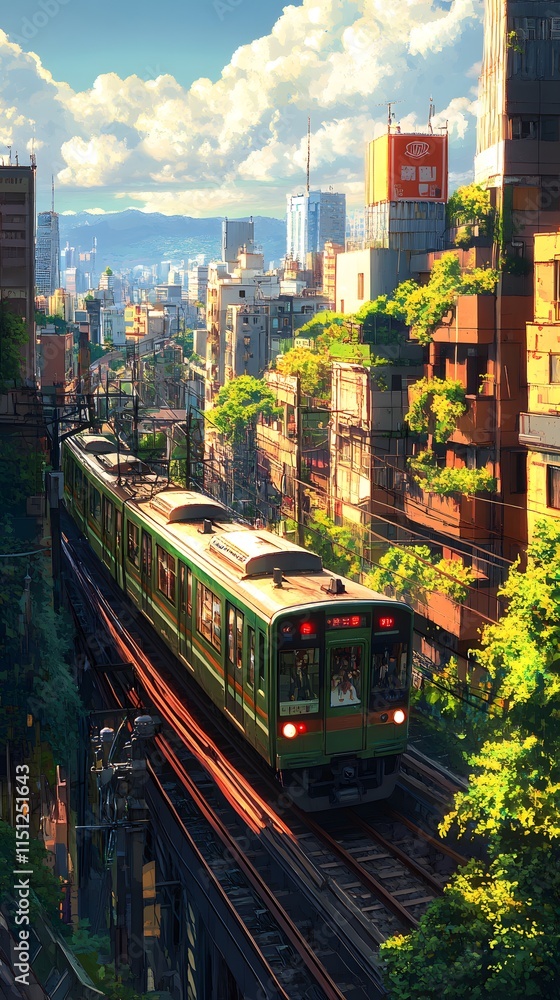 Naklejka premium A vibrant urban landscape featuring a green train amidst lush greenery.
