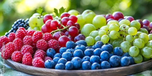 Wallpaper Mural A vibrant assortment of fresh berries, including gooseberries, blueberries, red currants, raspberries, grapes, and strawberries, beautifully displayed on a platter for a summer picnic. Torontodigital.ca