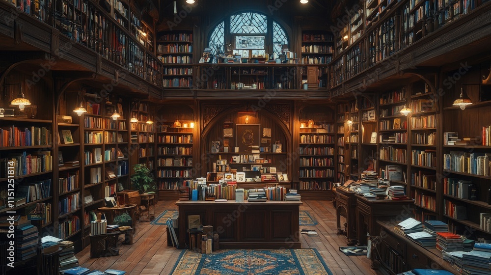 Grand, old library; bookshelves overflowing with knowledge. Grand, old library; bookshelves overflowing with knowledge.