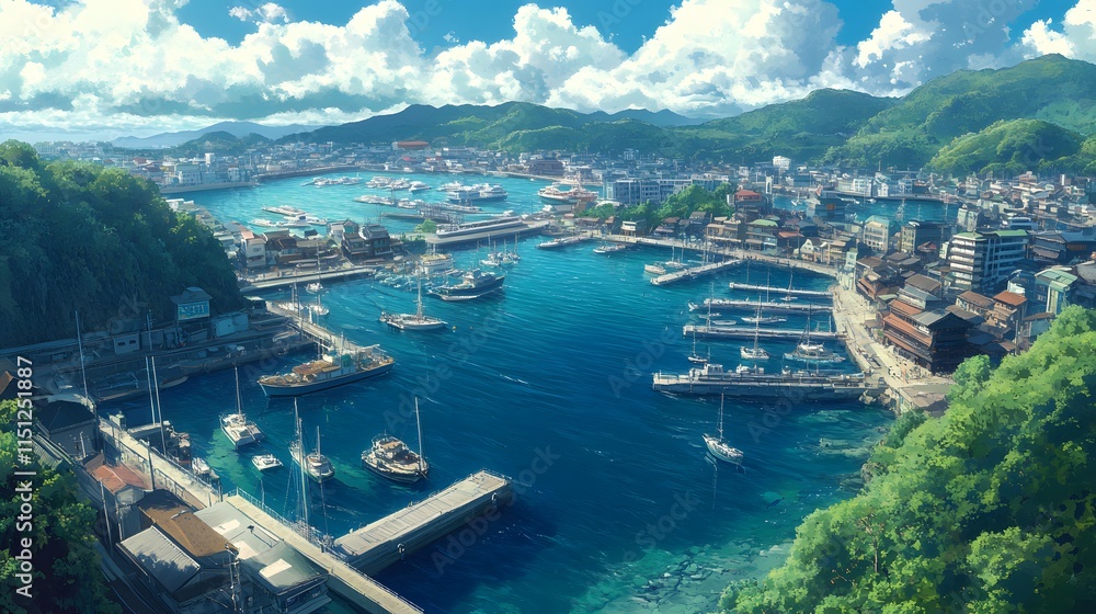 Obraz premium A vibrant marina with sailing boats and lush green hills under a blue sky.