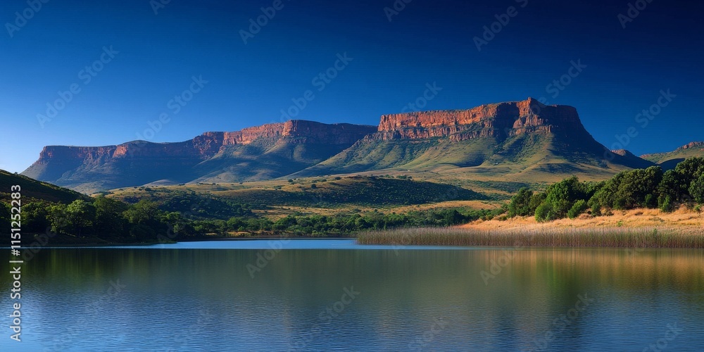 Fototapeta premium The Magaliesberg Mountain Range majestically rises over the serene waters of the dam, showcasing the breathtaking beauty of the Magaliesberg and its stunning natural surroundings.