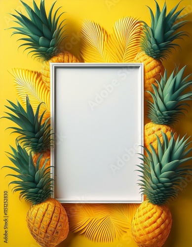 Vertical pineapple background with white empty frame in the middle