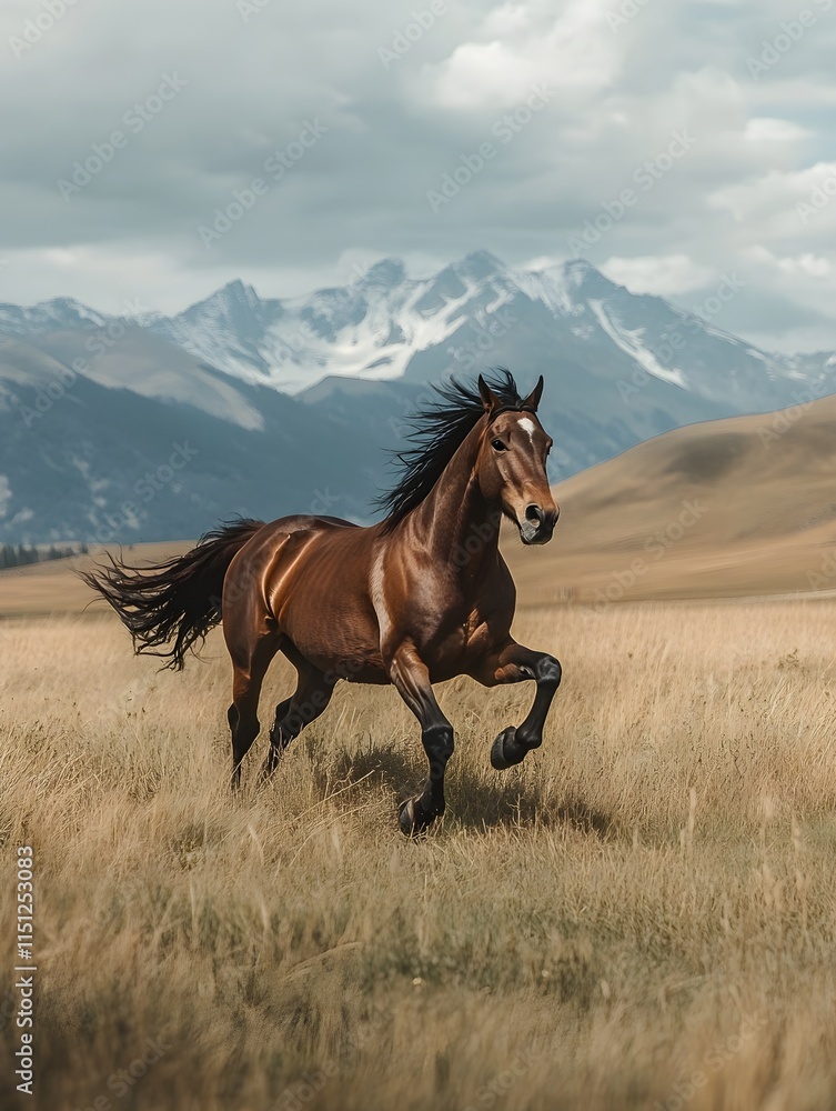 A photo of a horse galloping freely in an open pasture with mountains in the background. A photo of a horse galloping freely in an open pasture with mountains in the background.