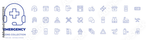 Emergency icons collection. Thin Line icons, editable stroke. alert, crutches, dentist, emergency, inflatable boat, police station, fire hose, first aid kit, maritime rescue, phone call
