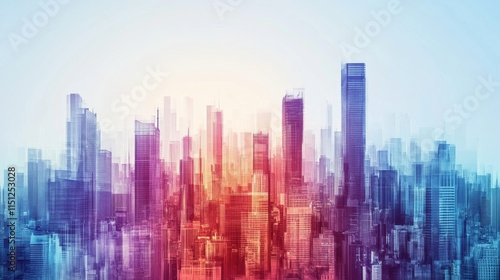 Futuristic abstract city skyline illustration showcasing contemporary urban architecture with modern metropolitan buildings, featuring innovative design elements, vibrant colors, and cutting-edge engi